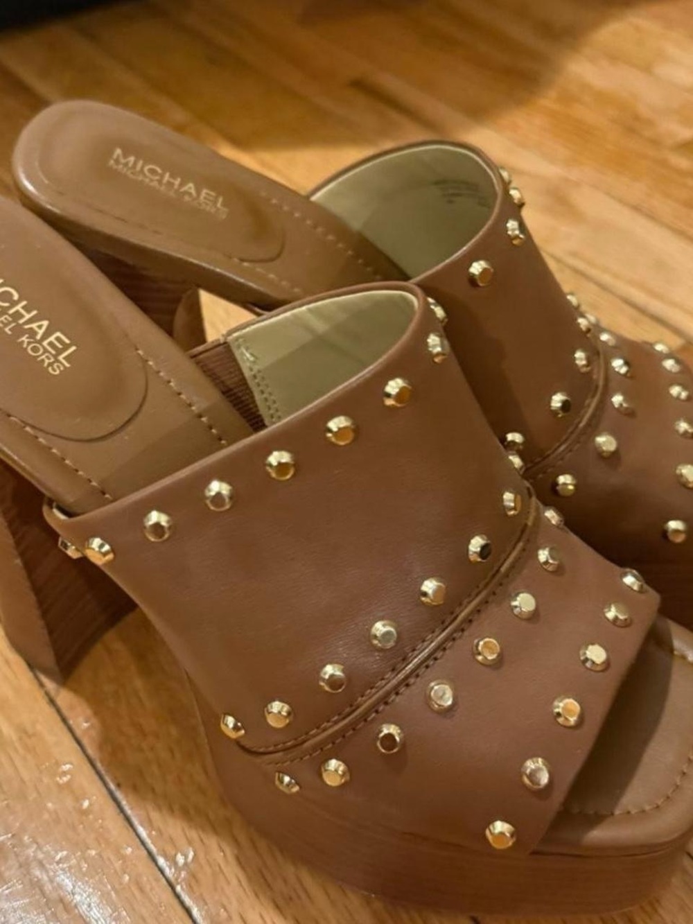 Michael Kors Tan Leather Studded Platform Mules